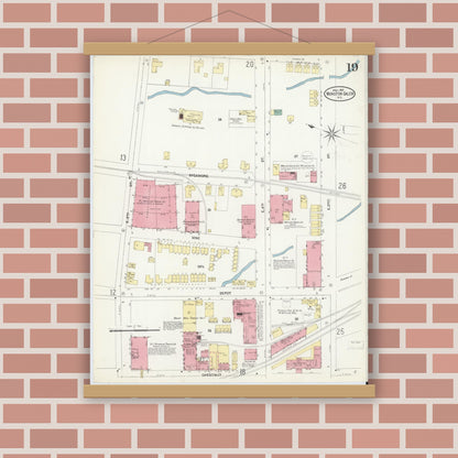 Old map wall art mockup — magnetic wood frame on brick wall — Sanborn Fire Insurance Map from Winston-Salem, Forsyth County, North Carolina (1907), Sheet #0019
