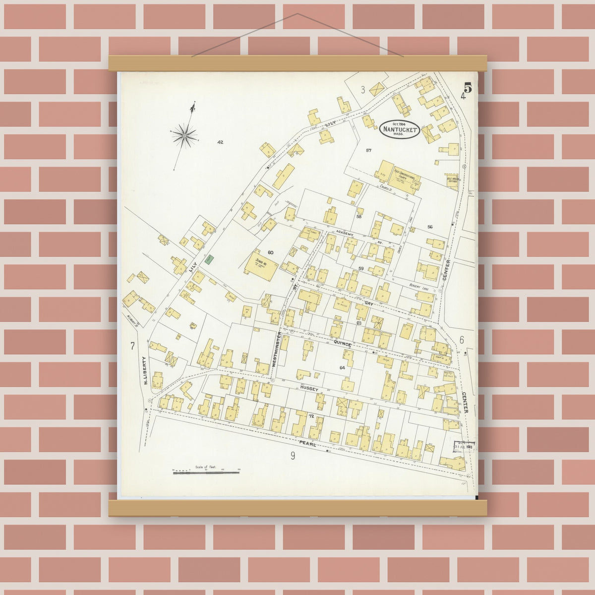 Old map wall art mockup — magnetic wood frame on brick wall — Sanborn Fire Insurance Map from Nantucket, Nantucket County, Massachusetts (1904), Sheet #0005