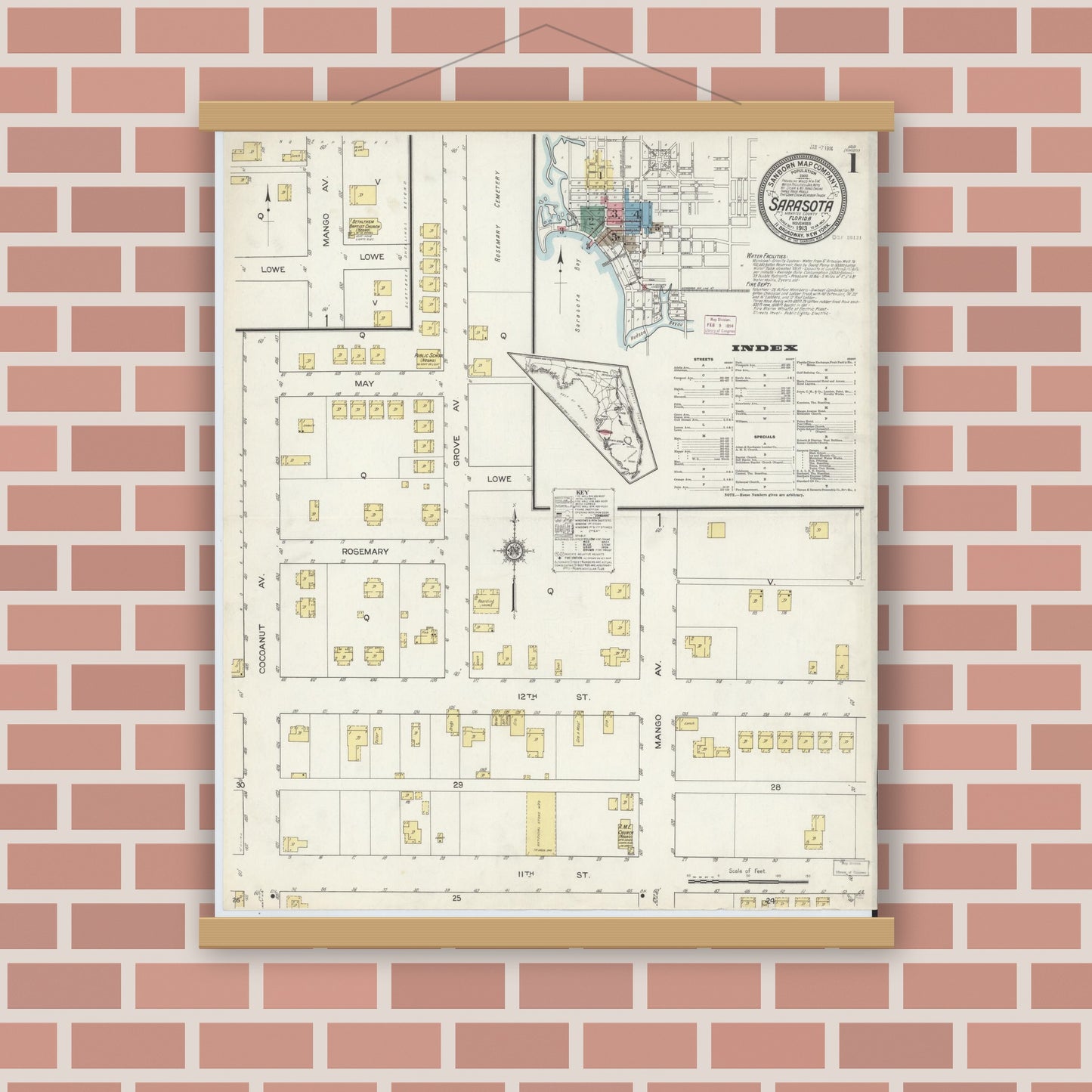 Old map wall art mockup — magnetic wood frame on brick wall — Sanborn Fire Insurance Map from Sarasota, Sarasota County, Florida (1913), Sheet #0001