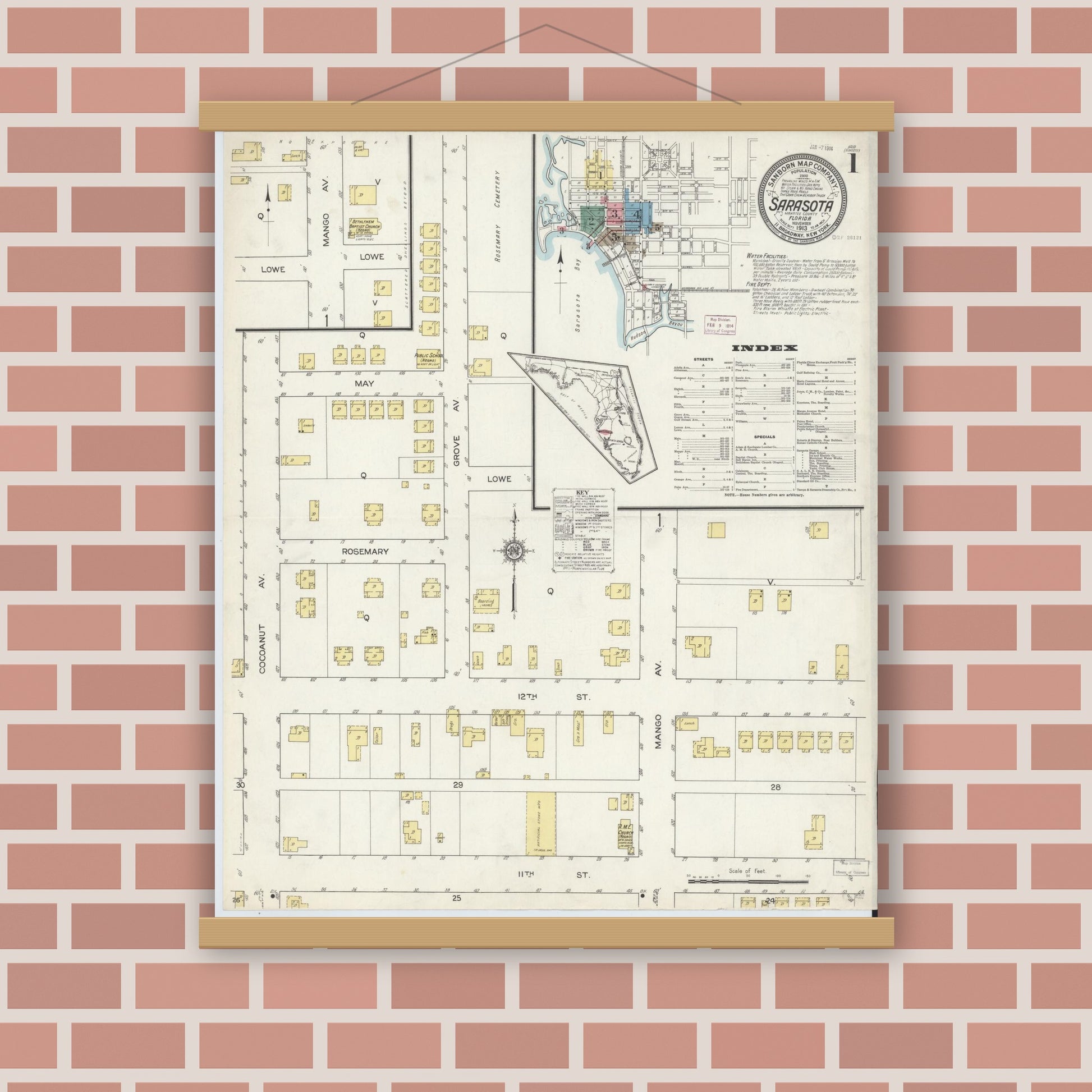 Old map wall art mockup — magnetic wood frame on brick wall — Sanborn Fire Insurance Map from Sarasota, Sarasota County, Florida (1913), Sheet #0001