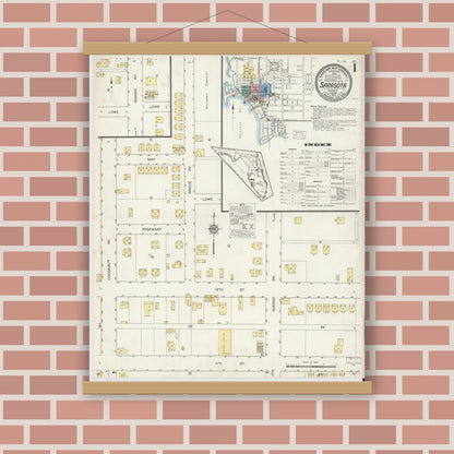 Old map wall art mockup — magnetic wood frame on brick wall — Sanborn Fire Insurance Map from Sarasota, Sarasota County, Florida (1913), Sheet #0001