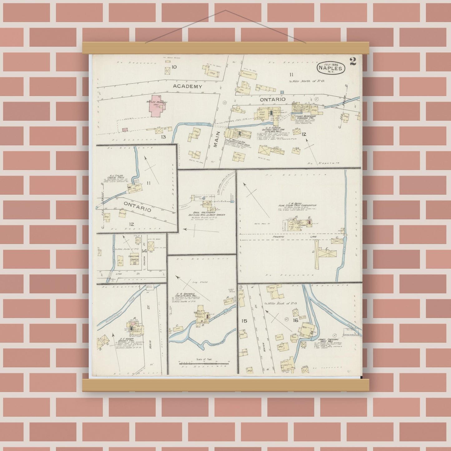 Old map wall art mockup — magnetic wood frame on brick wall — Sanborn Fire Insurance Map from Naples, Ontario County, New York (1886), Sheet #0002