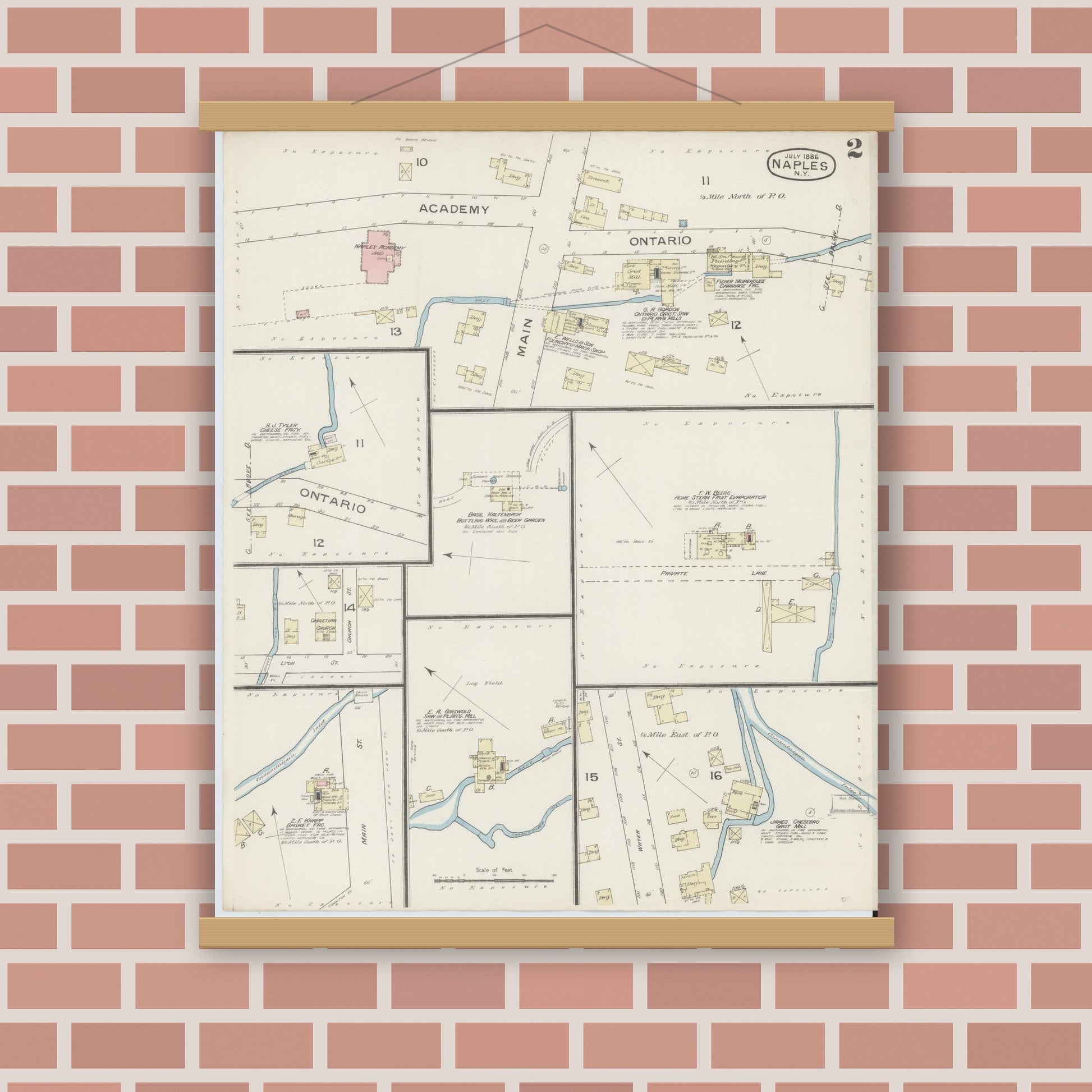 Old map wall art mockup — magnetic wood frame on brick wall — Sanborn Fire Insurance Map from Naples, Ontario County, New York (1886), Sheet #0002