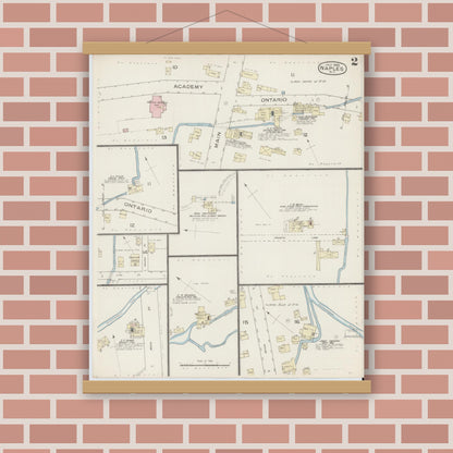 Old map wall art mockup — magnetic wood frame on brick wall — Sanborn Fire Insurance Map from Naples, Ontario County, New York (1886), Sheet #0002