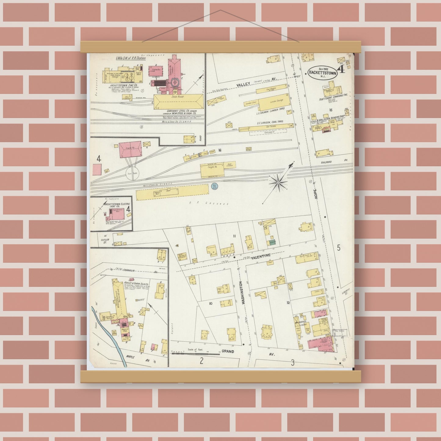 Old map wall art mockup — magnetic wood frame on brick wall — Sanborn Fire Insurance Map from Hackettstown, Warren County, New Jersey (1902), Sheet #0004