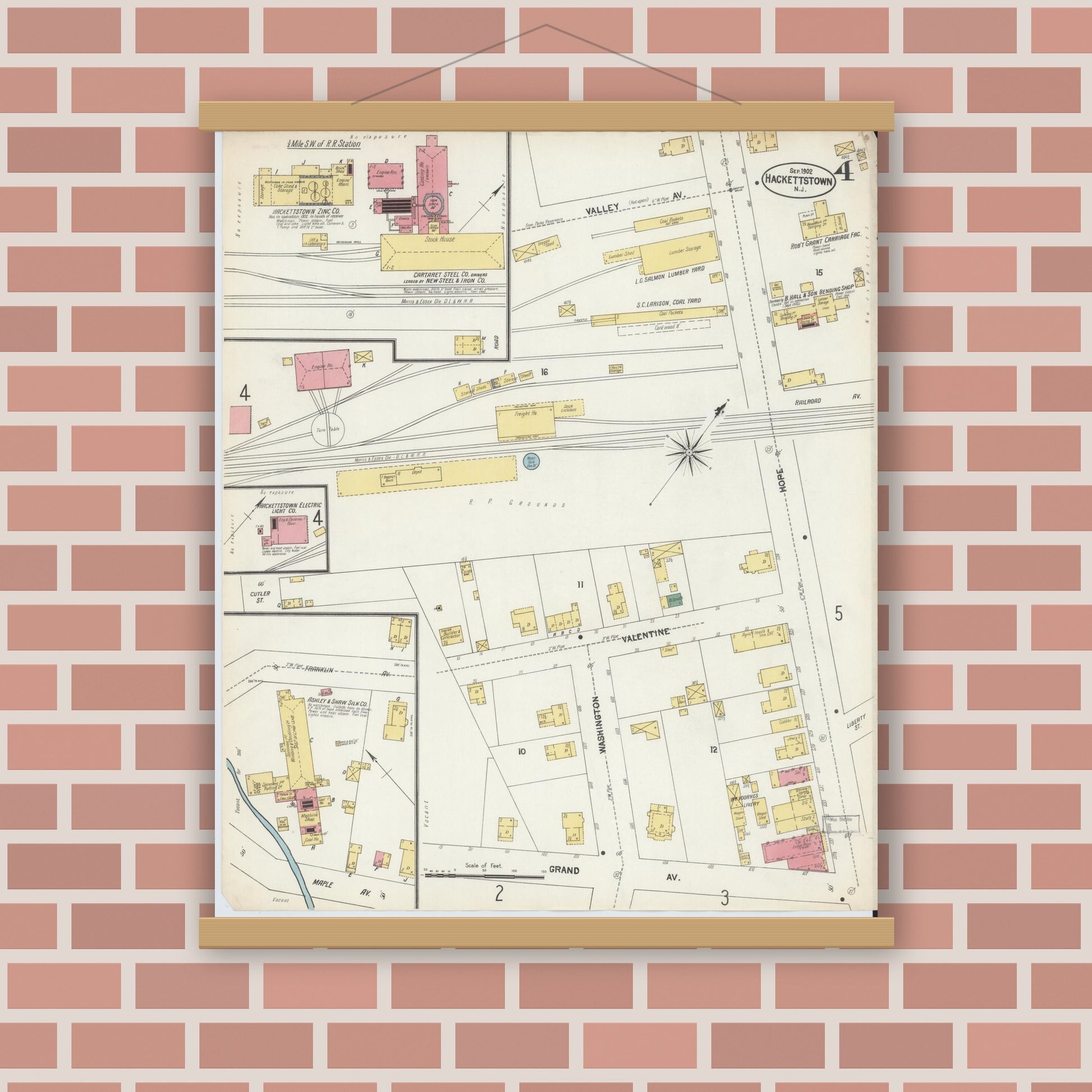 Old map wall art mockup — magnetic wood frame on brick wall — Sanborn Fire Insurance Map from Hackettstown, Warren County, New Jersey (1902), Sheet #0004