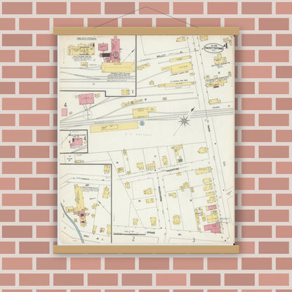Old map wall art mockup — magnetic wood frame on brick wall — Sanborn Fire Insurance Map from Hackettstown, Warren County, New Jersey (1902), Sheet #0004