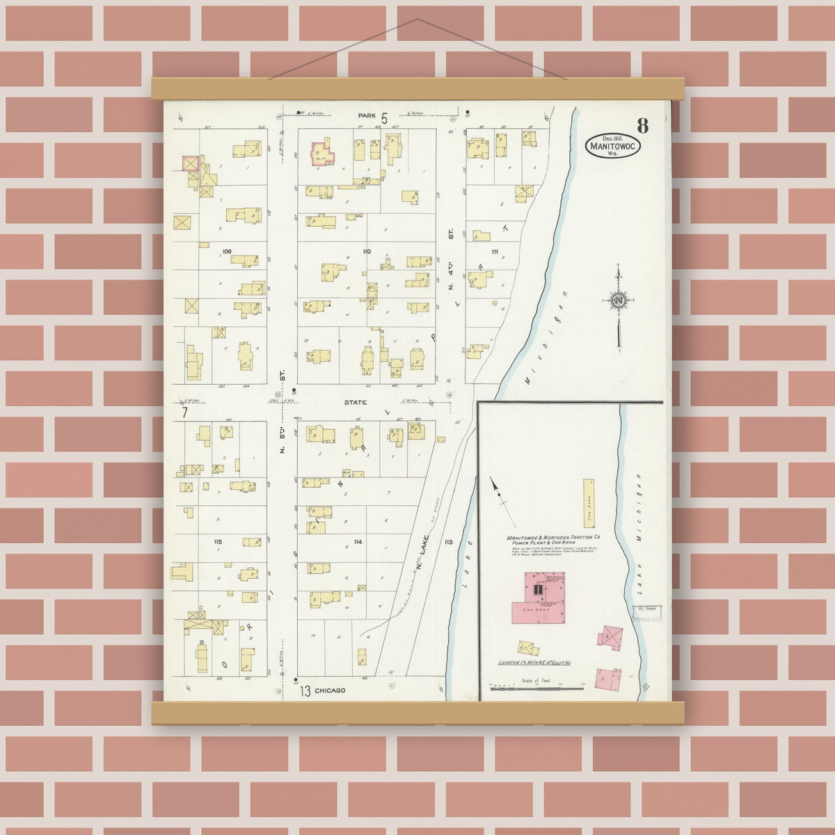 Old map wall art mockup — magnetic wood frame on brick wall — Sanborn Fire Insurance Map from Manitowoc, Manitowoc County, Wisconsin (1912), Sheet #0008