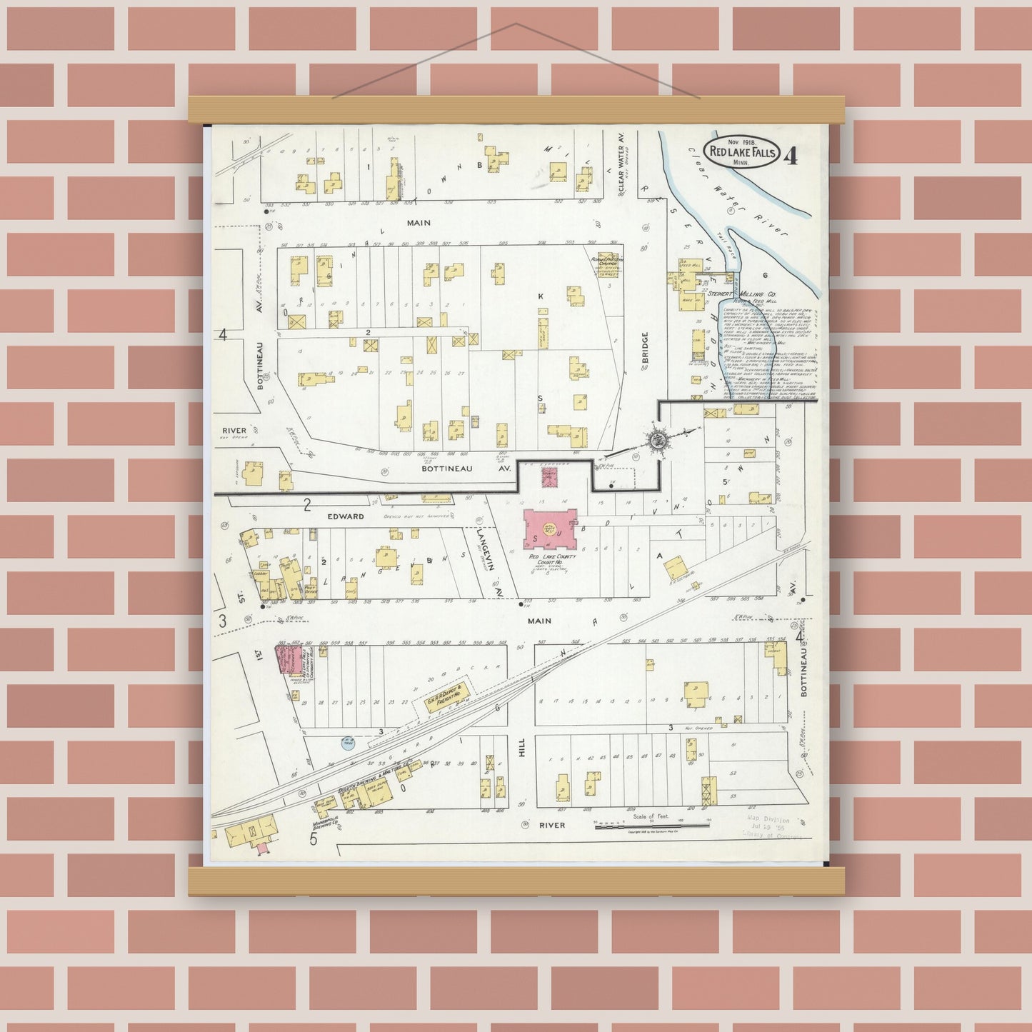 Old map wall art mockup — magnetic wood frame on brick wall — Sanborn Fire Insurance Map from Red Lake Falls, Red Lake County, Minnesota (1918), Sheet #0004