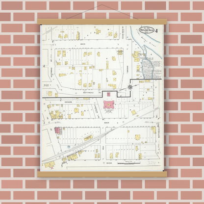 Old map wall art mockup — magnetic wood frame on brick wall — Sanborn Fire Insurance Map from Red Lake Falls, Red Lake County, Minnesota (1918), Sheet #0004