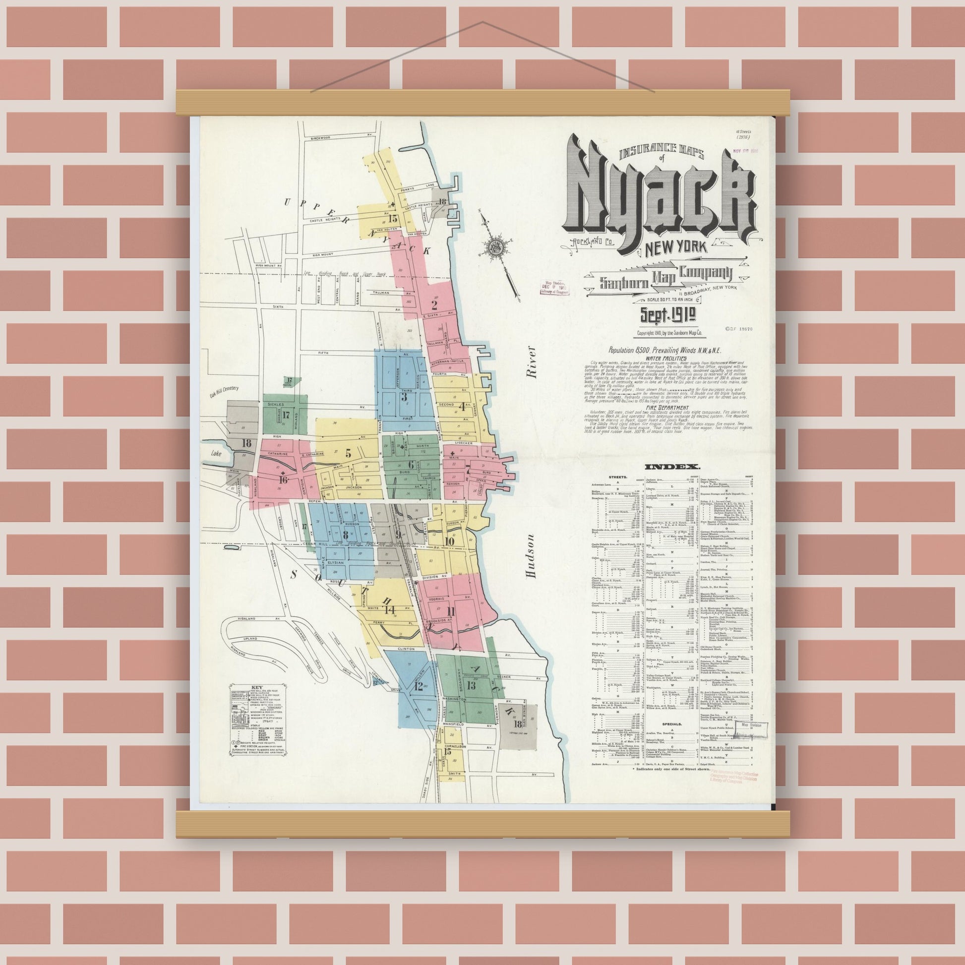 Old map wall art mockup — magnetic wood frame on brick wall — Sanborn Fire Insurance Map from Nyack, Rockland County, New York. (1910), Sheet #0000