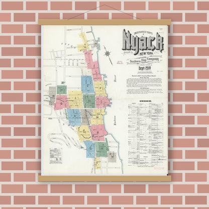 Old map wall art mockup — magnetic wood frame on brick wall — Sanborn Fire Insurance Map from Nyack, Rockland County, New York. (1910), Sheet #0000