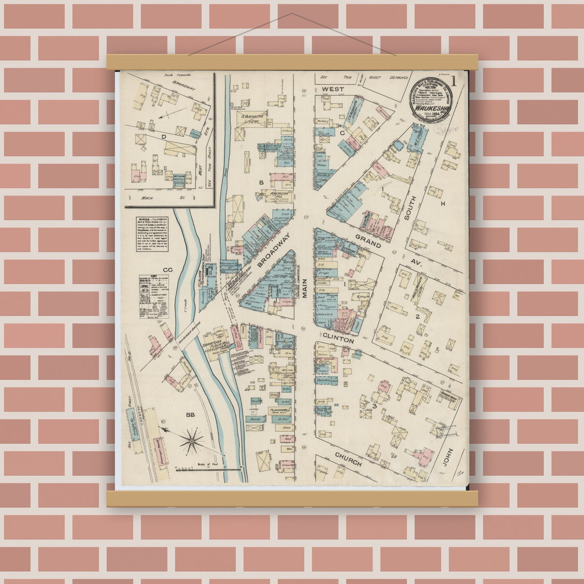 Old map wall art mockup — magnetic wood frame on brick wall — Sanborn Fire Insurance Map from Waukesha, Waukesha County, Wisconsin (1884), Sheet #0001