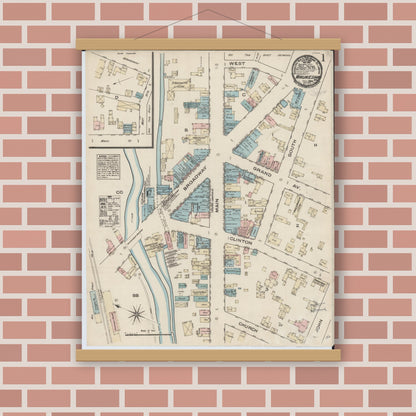 Old map wall art mockup — magnetic wood frame on brick wall — Sanborn Fire Insurance Map from Waukesha, Waukesha County, Wisconsin (1884), Sheet #0001
