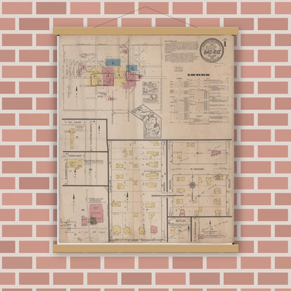 Old map wall art mockup — magnetic wood frame on brick wall — Sanborn Fire Insurance Map from Bad Axe, Huron County, Michigan (1922), Sheet #0001