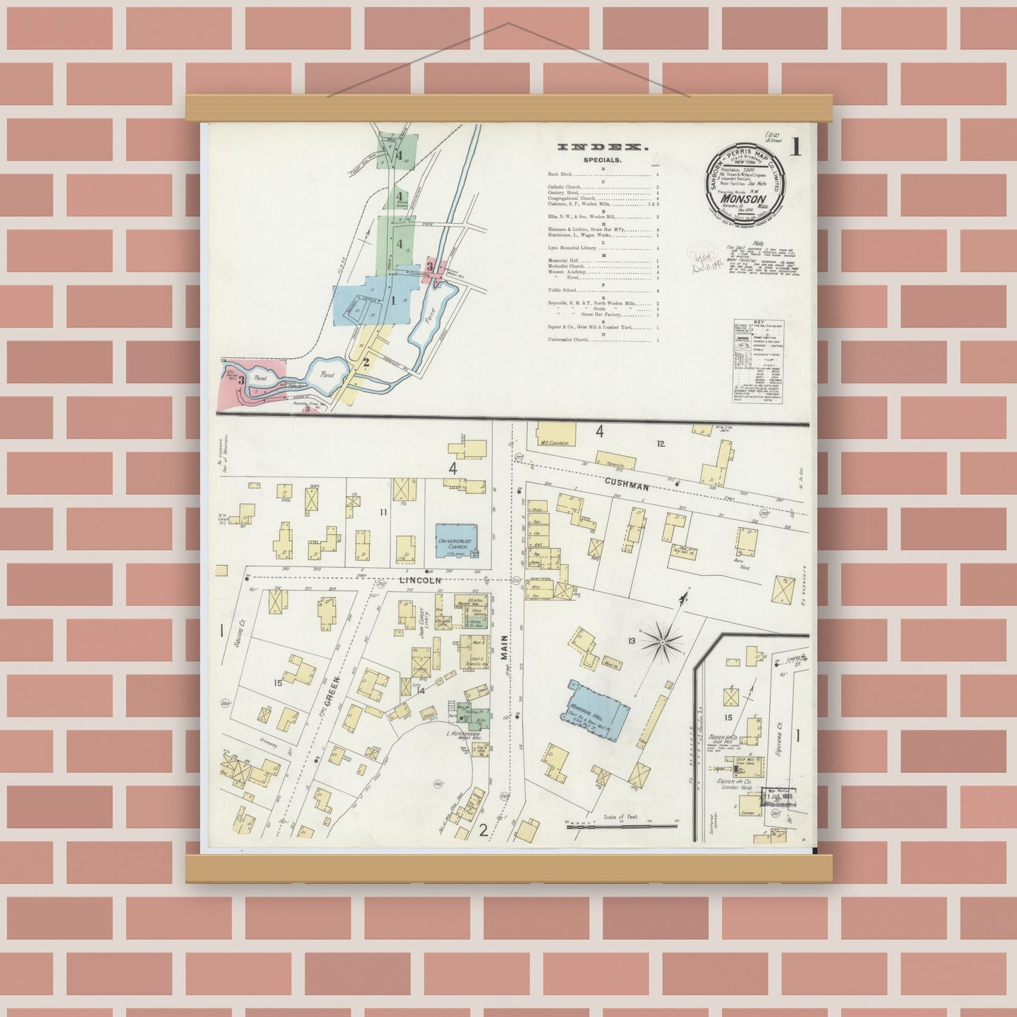 Old map wall art mockup — magnetic wood frame on brick wall — Sanborn Fire Insurance Map from Monson, Hampden County, Massachusetts (1896) - Complete Map Set