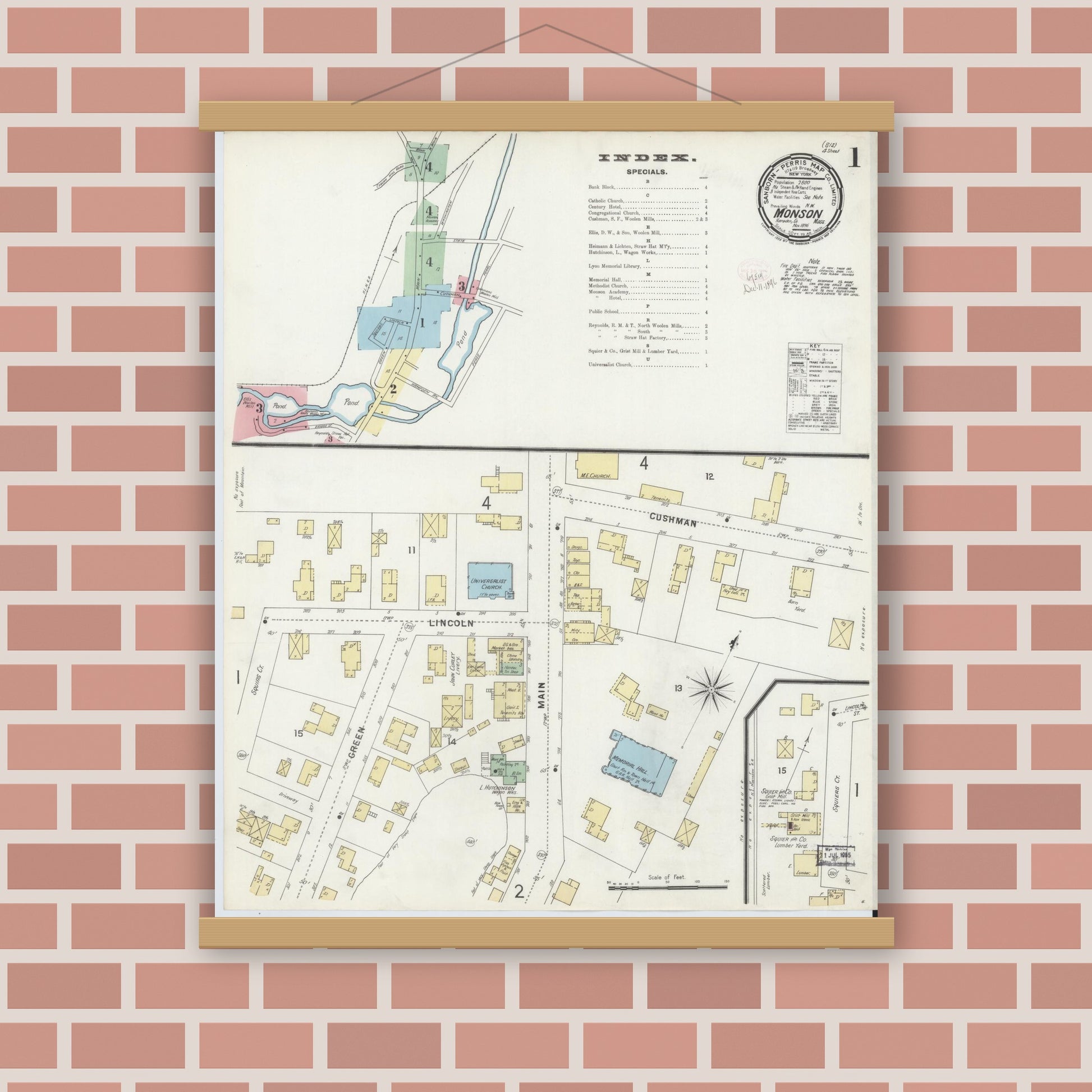 Old map wall art mockup — magnetic wood frame on brick wall — Sanborn Fire Insurance Map from Monson, Hampden County, Massachusetts (1896) - Complete Map Set