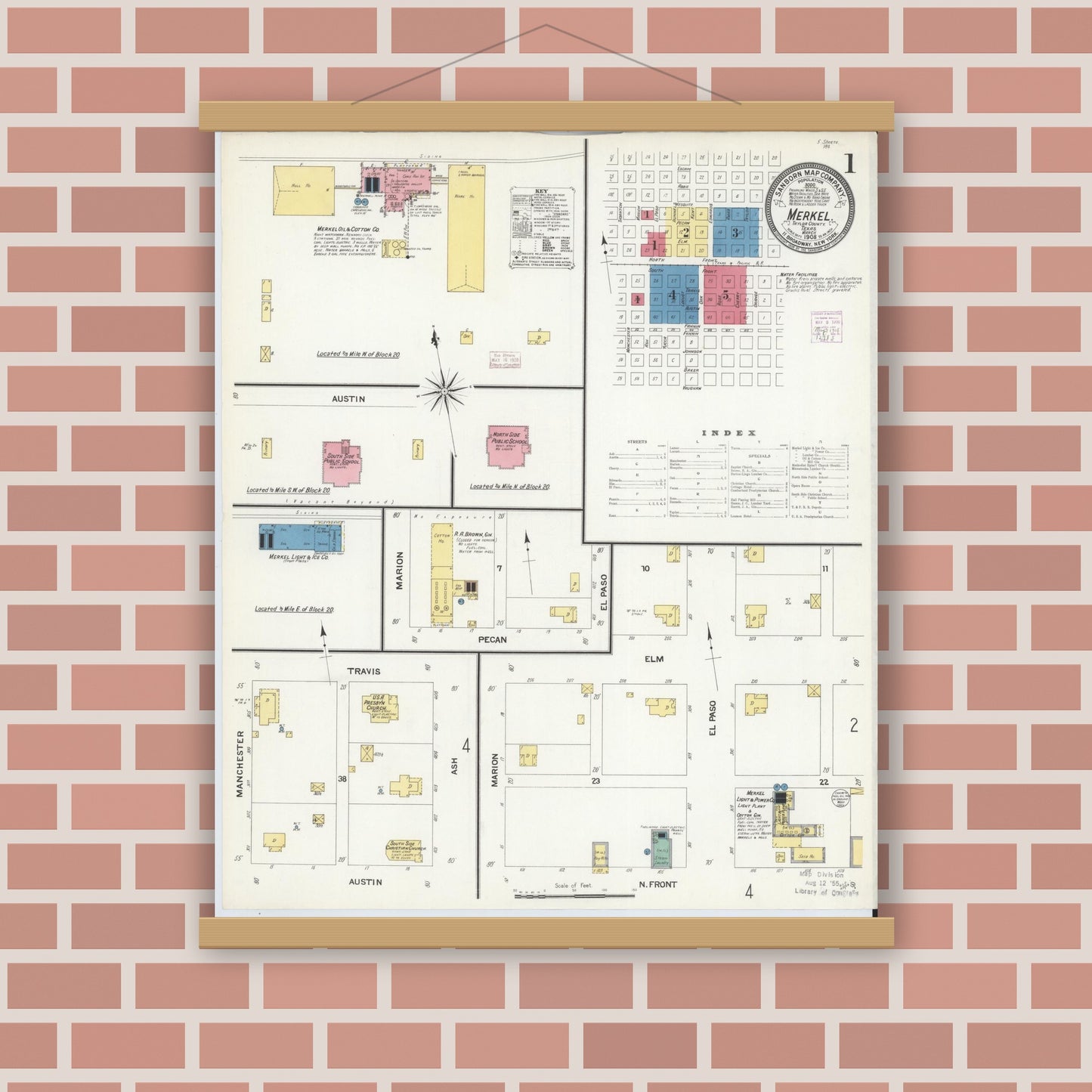 Old map wall art mockup — magnetic wood frame on brick wall — Sanborn Fire Insurance Map from Merkel, Taylor County, Texas (1908), Sheet #0001