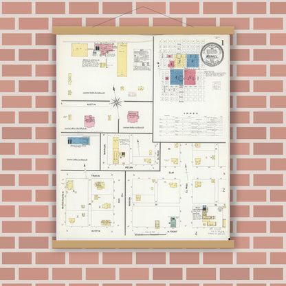 Old map wall art mockup — magnetic wood frame on brick wall — Sanborn Fire Insurance Map from Merkel, Taylor County, Texas (1908), Sheet #0001