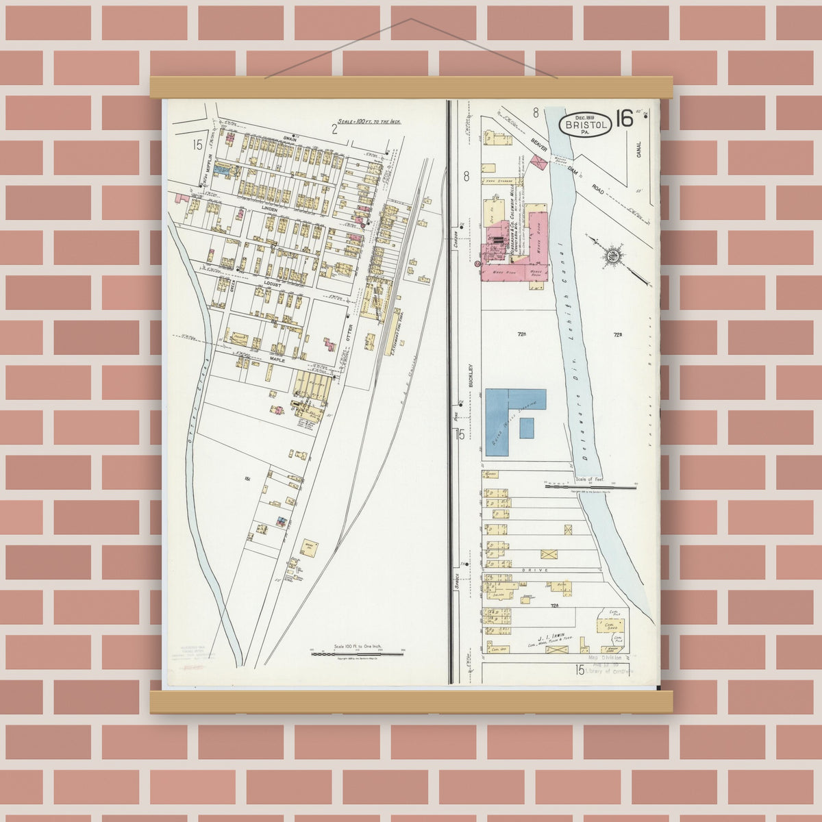Old map wall art mockup — magnetic wood frame on brick wall — Sanborn Fire Insurance Map from Bristol, Bucks County, Pennsylvania (1927), Sheet #0016