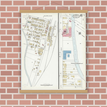 Old map wall art mockup — magnetic wood frame on brick wall — Sanborn Fire Insurance Map from Bristol, Bucks County, Pennsylvania (1927), Sheet #0016