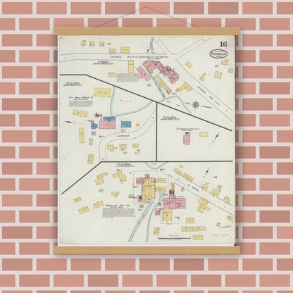 Old map wall art mockup — magnetic wood frame on brick wall — Sanborn Fire Insurance Map from Franklin, Norfolk County, Massachusetts (1919), Sheet #0016