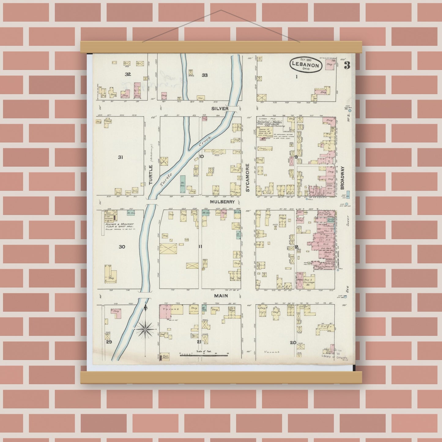 Old map wall art mockup — magnetic wood frame on brick wall — Sanborn Fire Insurance Map from Lebanon, Warren County, Ohio (1890), Sheet #0003