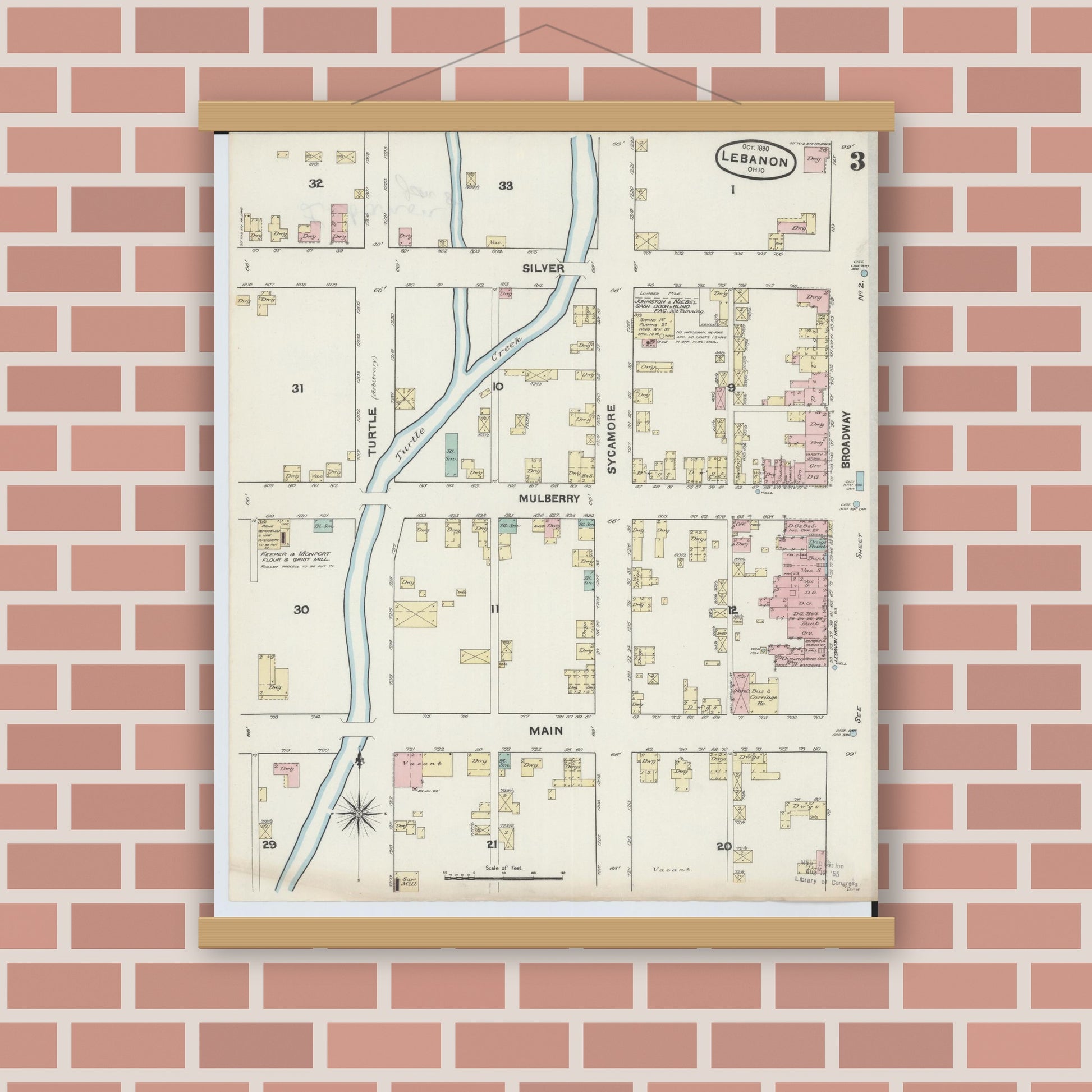 Old map wall art mockup — magnetic wood frame on brick wall — Sanborn Fire Insurance Map from Lebanon, Warren County, Ohio (1890), Sheet #0003