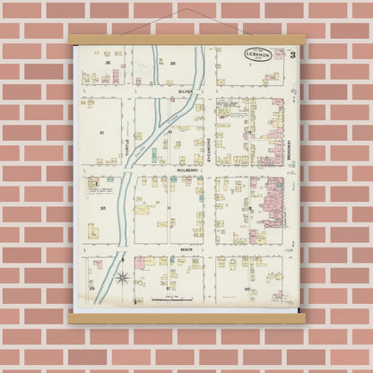 Old map wall art mockup — magnetic wood frame on brick wall — Sanborn Fire Insurance Map from Lebanon, Warren County, Ohio (1890), Sheet #0003