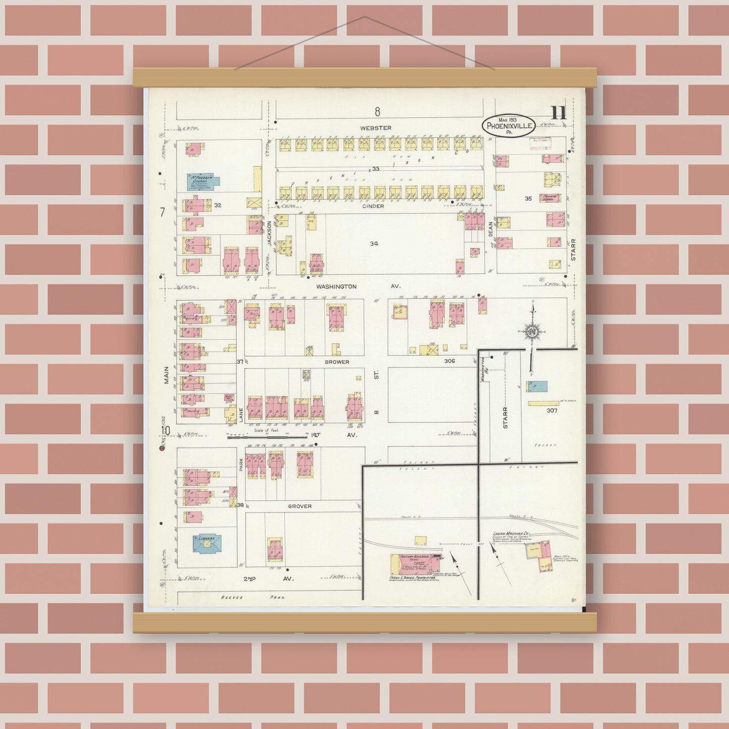 Old map wall art mockup — magnetic wood frame on brick wall — Sanborn Fire Insurance Map from Phoenixville, Chester County, Pennsylvania (1913), Sheet #0011