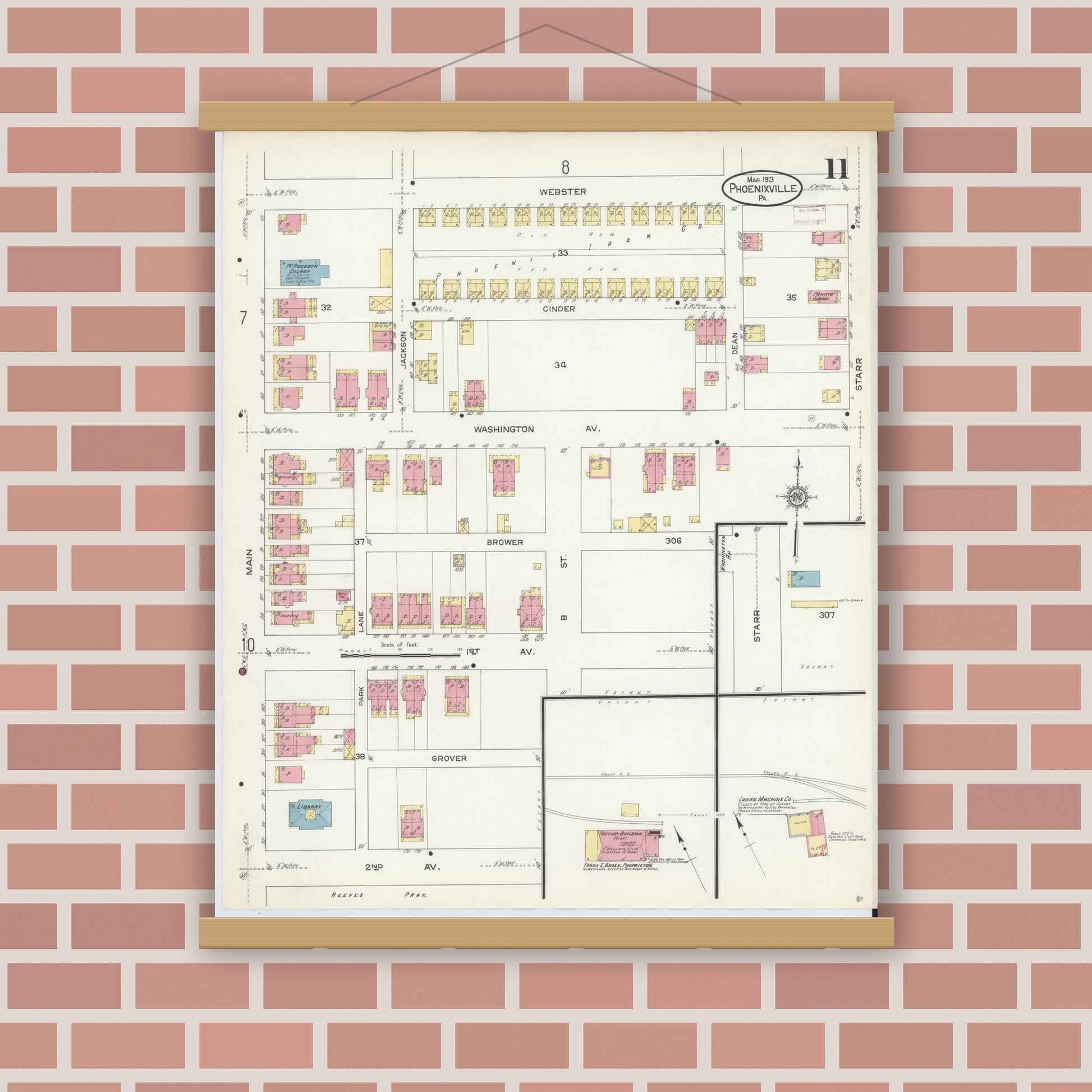 Old map wall art mockup — magnetic wood frame on brick wall — Sanborn Fire Insurance Map from Phoenixville, Chester County, Pennsylvania (1913), Sheet #0011