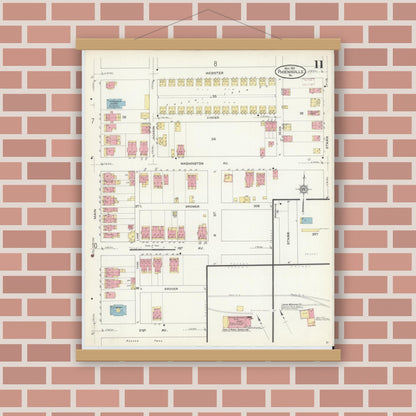 Old map wall art mockup — magnetic wood frame on brick wall — Sanborn Fire Insurance Map from Phoenixville, Chester County, Pennsylvania (1913), Sheet #0011