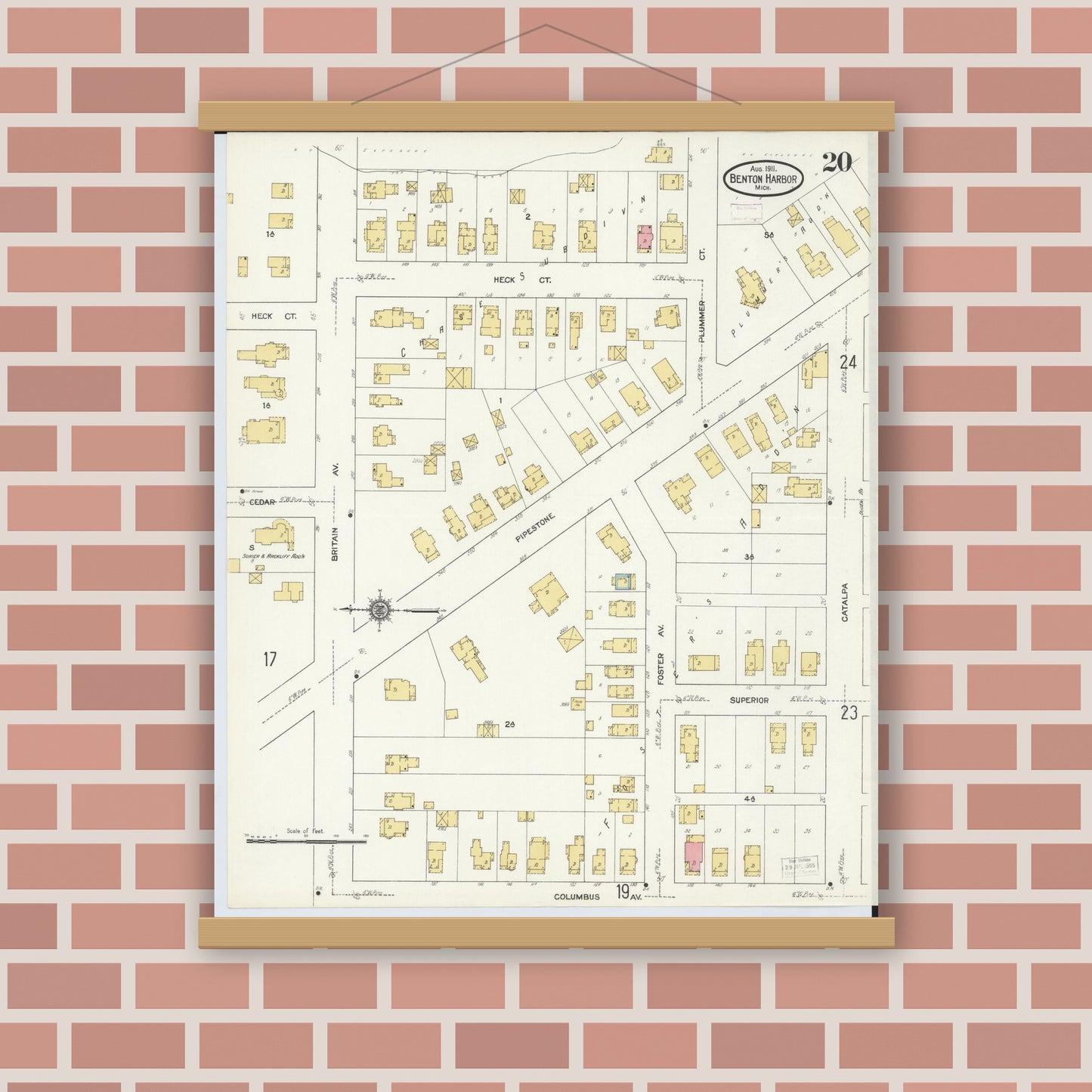 Old map wall art mockup — magnetic wood frame on brick wall — Sanborn Fire Insurance Map from Benton Harbor, Berrien County, Michigan (1911), Sheet #0020