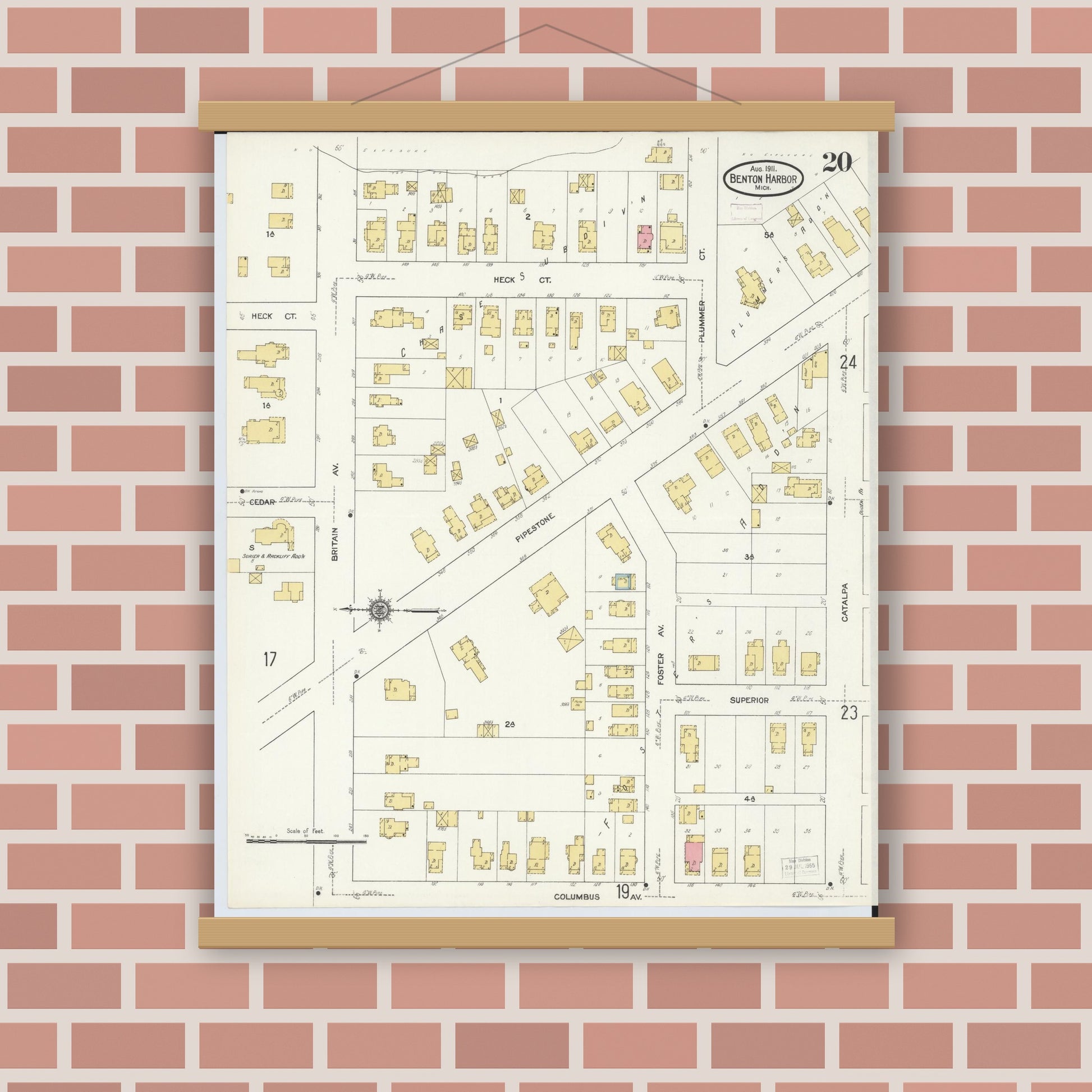 Old map wall art mockup — magnetic wood frame on brick wall — Sanborn Fire Insurance Map from Benton Harbor, Berrien County, Michigan (1911), Sheet #0020