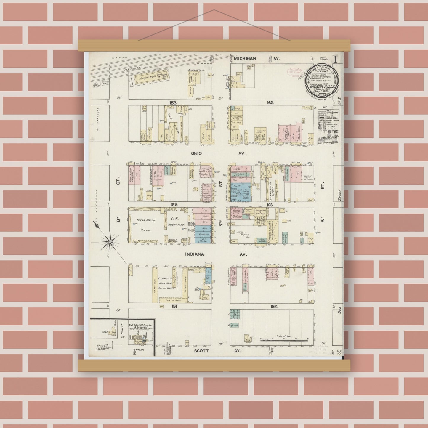 Old map wall art mockup — magnetic wood frame on brick wall — Sanborn Fire Insurance Map from Wichita Falls, Wichita County, Texas (1889) - Complete Map Set
