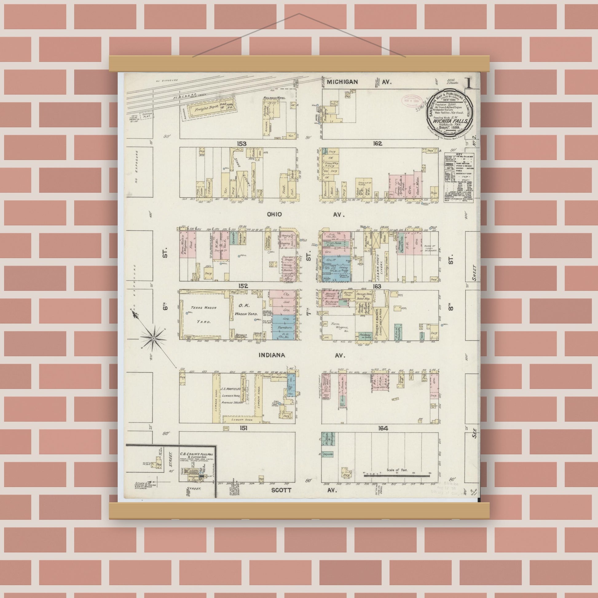 Old map wall art mockup — magnetic wood frame on brick wall — Sanborn Fire Insurance Map from Wichita Falls, Wichita County, Texas (1889) - Complete Map Set