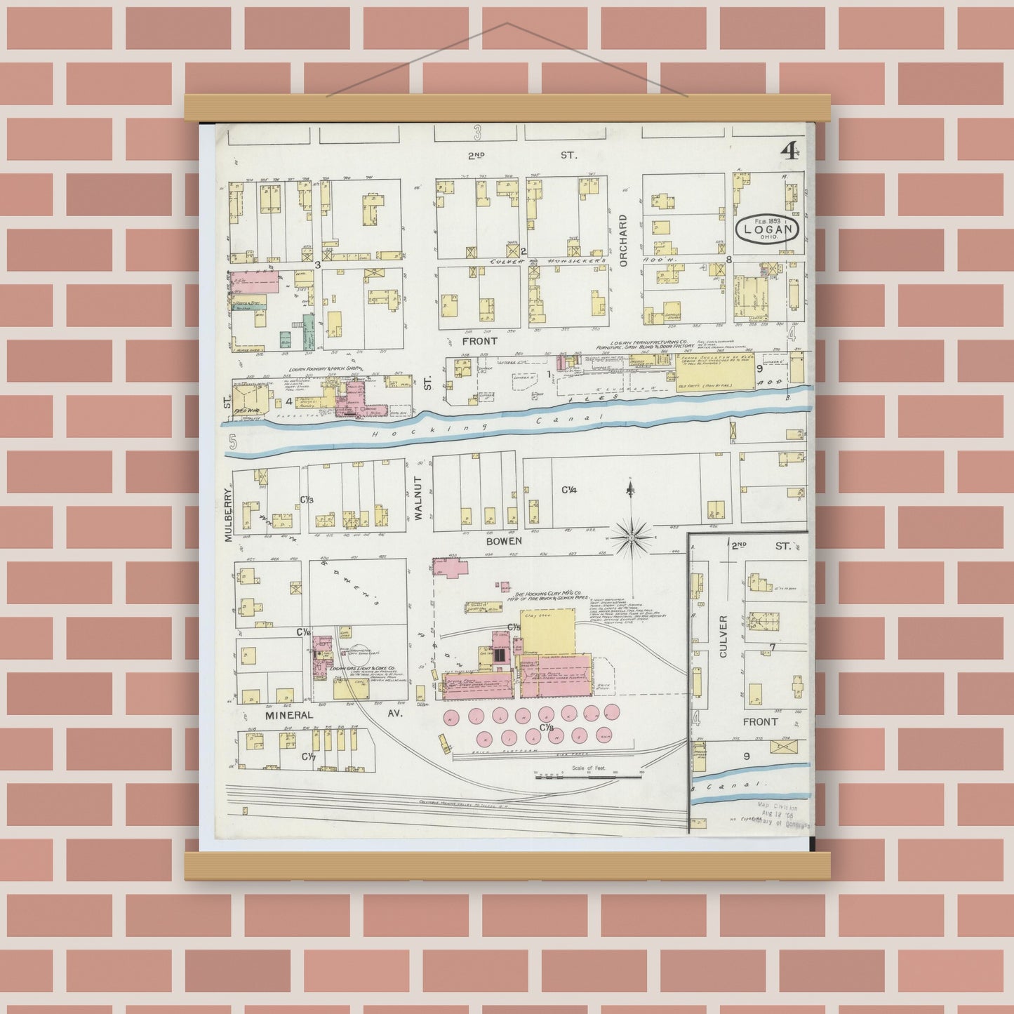 Old map wall art mockup — magnetic wood frame on brick wall — Sanborn Fire Insurance Map from Logan, Hocking County, Ohio (1893), Sheet #0004