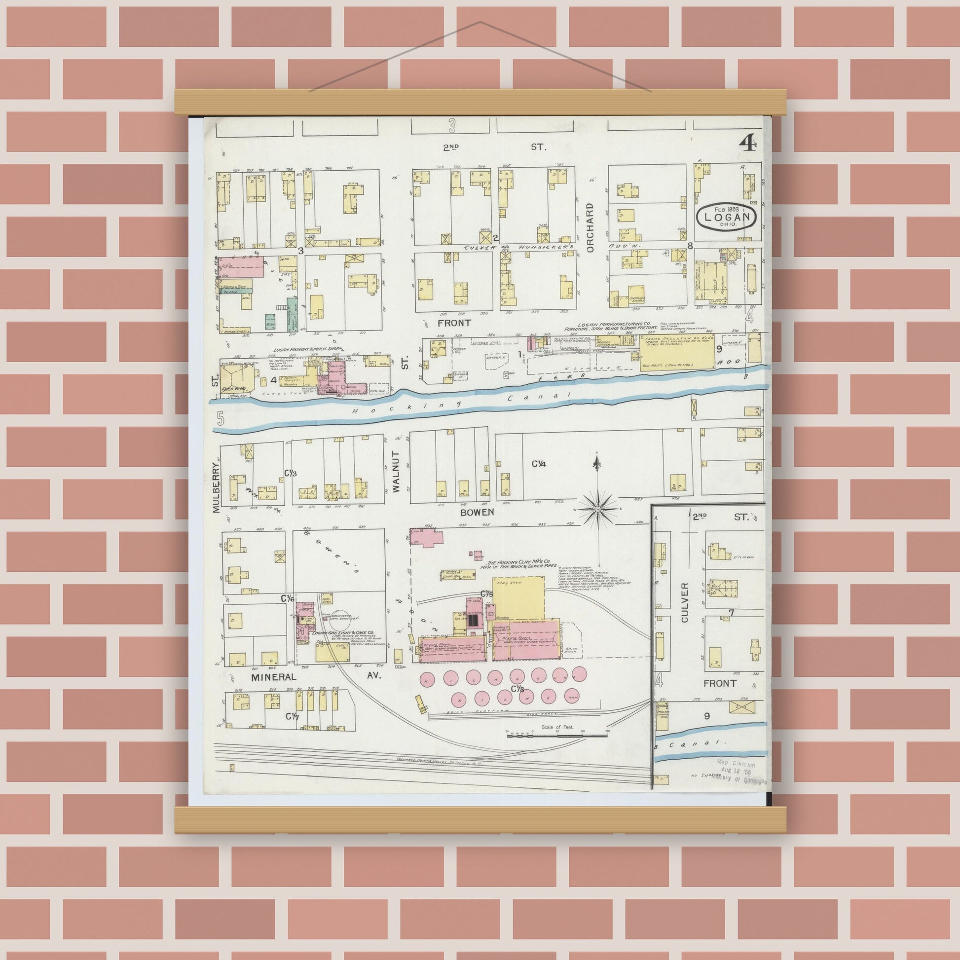 Old map wall art mockup — magnetic wood frame on brick wall — Sanborn Fire Insurance Map from Logan, Hocking County, Ohio (1893), Sheet #0004