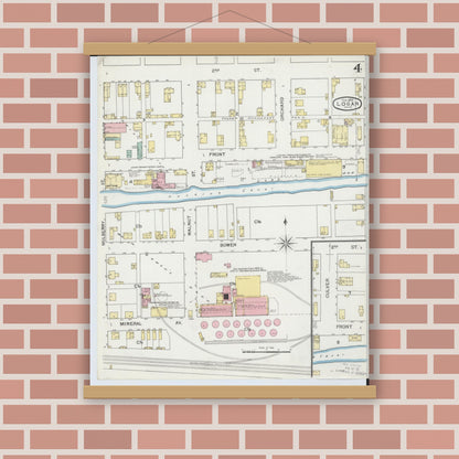 Old map wall art mockup — magnetic wood frame on brick wall — Sanborn Fire Insurance Map from Logan, Hocking County, Ohio (1893), Sheet #0004