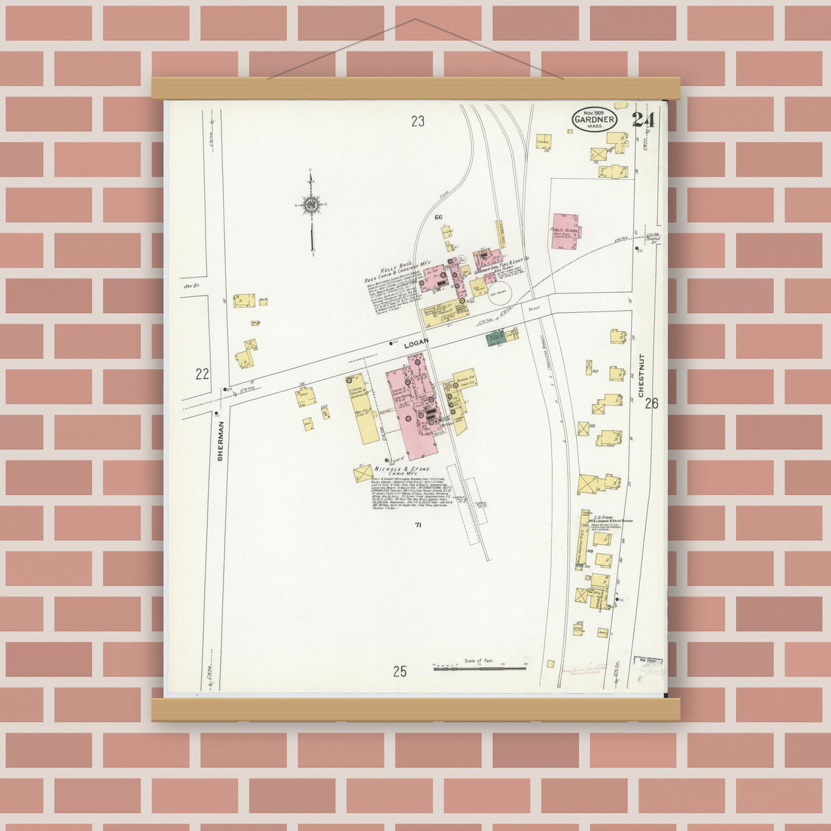 Old map wall art mockup — magnetic wood frame on brick wall — Sanborn Fire Insurance Map from Gardner, Worcester County, Massachusetts (1909), Sheet #0024