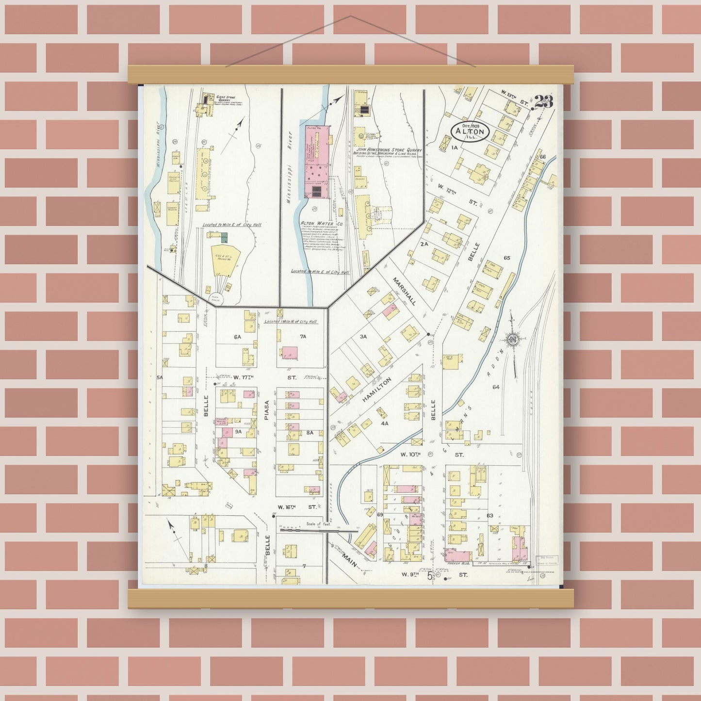 Old map wall art mockup — magnetic wood frame on brick wall — Sanborn Fire Insurance Map from Alton, Madison County, Illinois (1909), Sheet #0023