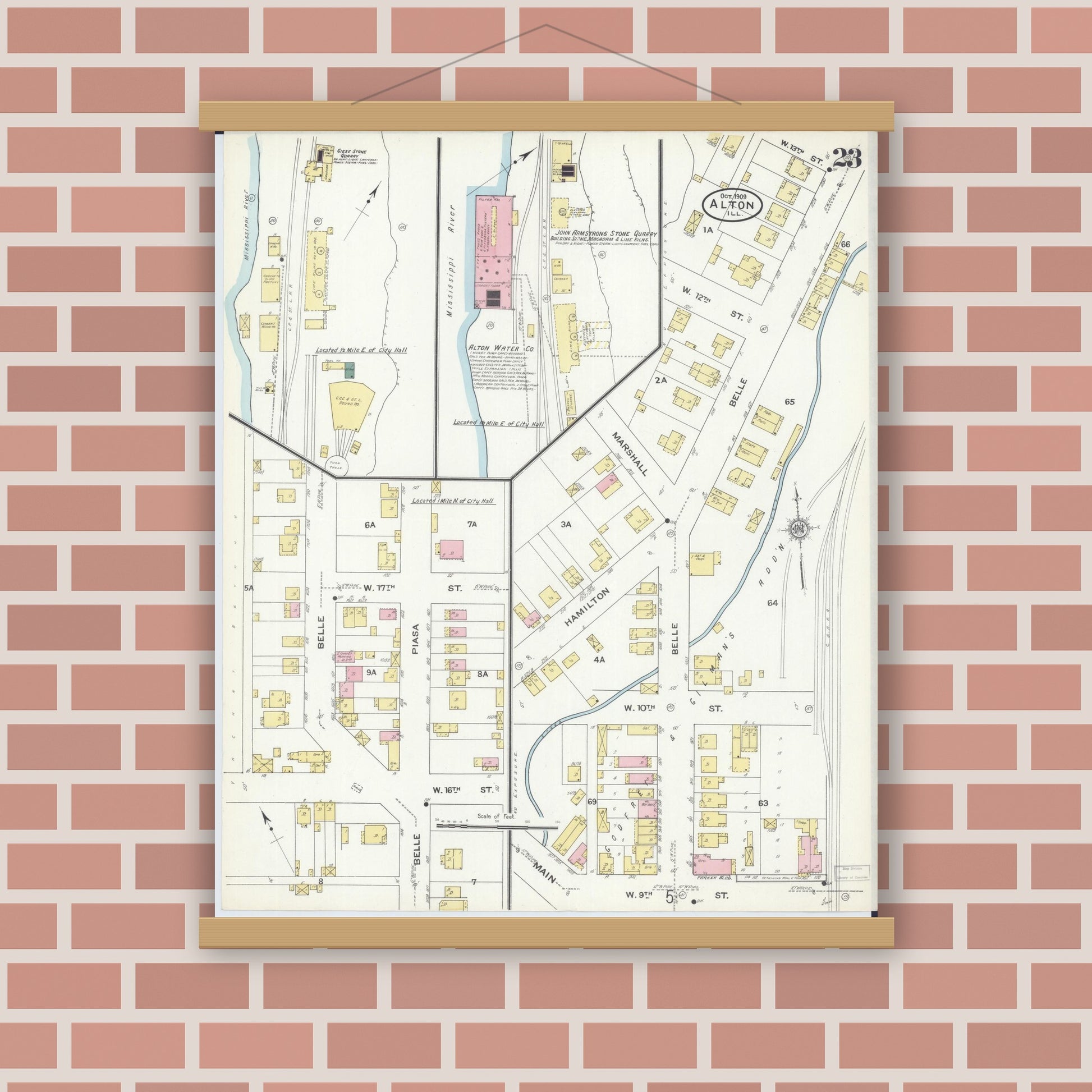 Old map wall art mockup — magnetic wood frame on brick wall — Sanborn Fire Insurance Map from Alton, Madison County, Illinois (1909), Sheet #0023