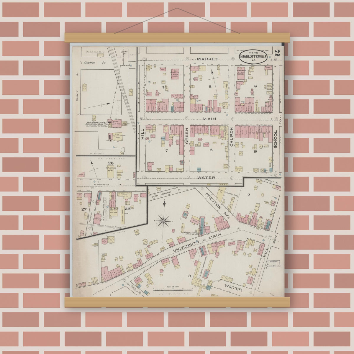 Old map wall art mockup — magnetic wood frame on brick wall — Sanborn Fire Insurance Map from Charlottesville, Independent Cities, Virginia (1886), Sheet #0002