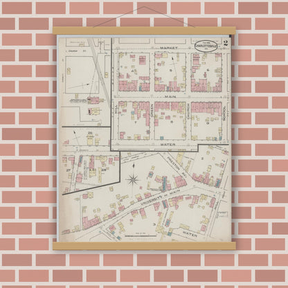 Old map wall art mockup — magnetic wood frame on brick wall — Sanborn Fire Insurance Map from Charlottesville, Independent Cities, Virginia (1886), Sheet #0002