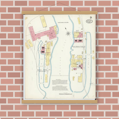 Old map wall art mockup — magnetic wood frame on brick wall — Sanborn Fire Insurance Map from Niles, Berrien County, Michigan (1907), Sheet #0009