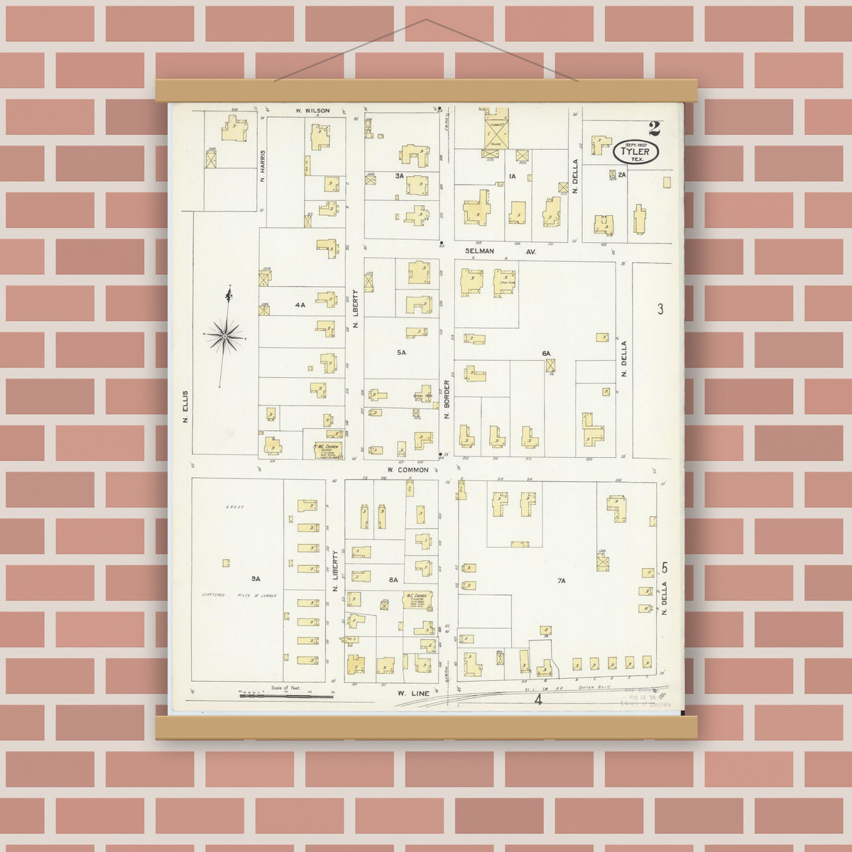 Old map wall art mockup — magnetic wood frame on brick wall — Sanborn Fire Insurance Map from Tyler, Smith County, Texas (1907), Sheet #0002