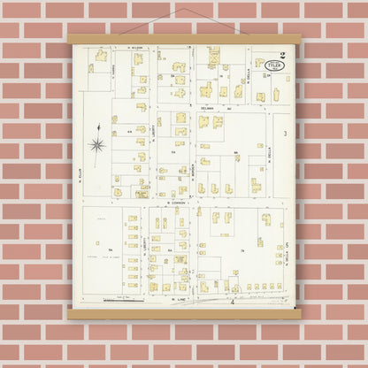 Old map wall art mockup — magnetic wood frame on brick wall — Sanborn Fire Insurance Map from Tyler, Smith County, Texas (1907), Sheet #0002