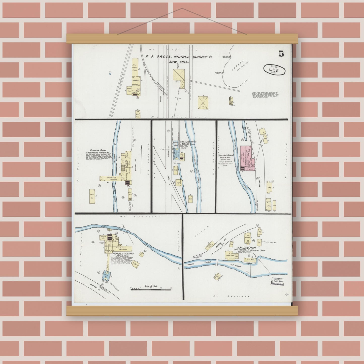 Old map wall art mockup — magnetic wood frame on brick wall — Sanborn Fire Insurance Map from Lee, Berkshire County, Massachusetts (1889), Sheet #0005