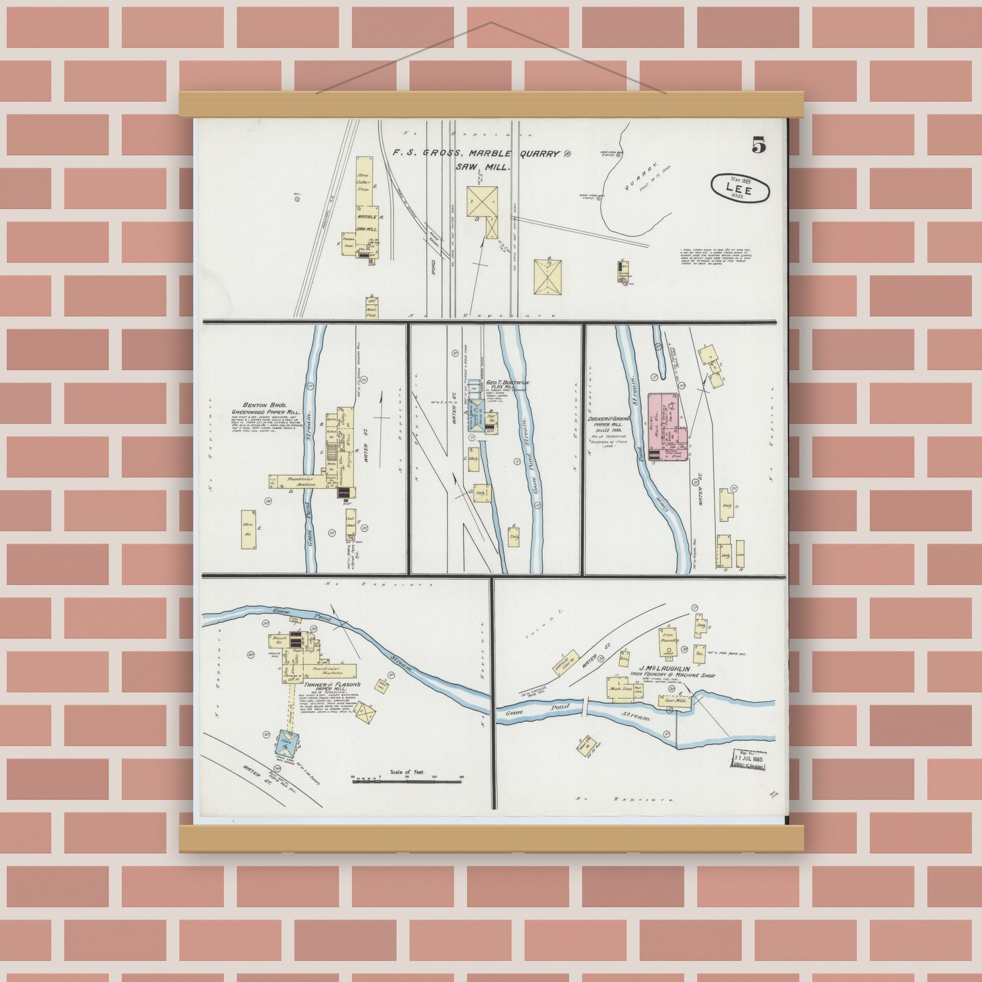 Old map wall art mockup — magnetic wood frame on brick wall — Sanborn Fire Insurance Map from Lee, Berkshire County, Massachusetts (1889), Sheet #0005