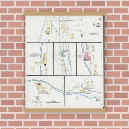 Old map wall art mockup — magnetic wood frame on brick wall — Sanborn Fire Insurance Map from Lee, Berkshire County, Massachusetts (1889), Sheet #0005